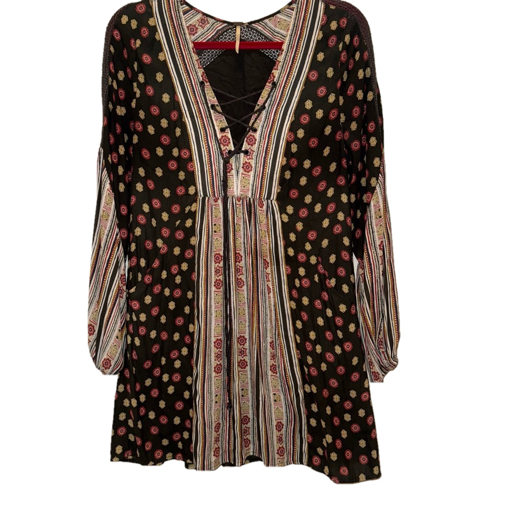 Free People Black Boho Floral Long Sleeve Mini Dress